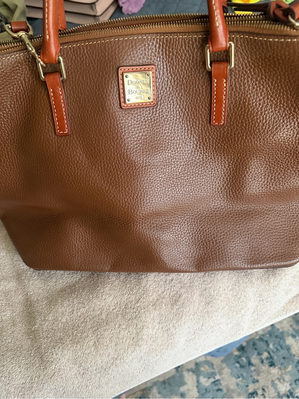 Dooney & Bourke Cognac Brown Pebbled Leather Tote with Contrast Handles